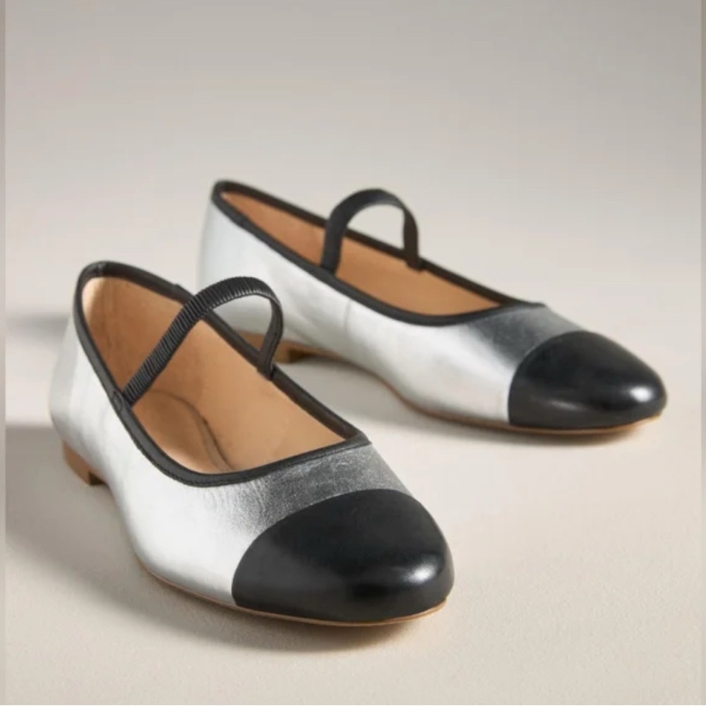 Anthropologie Maeve Silver with black cap tie ballet flat size 9m